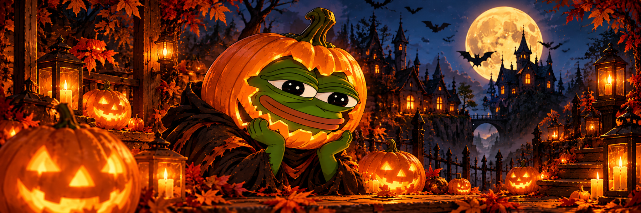 Original wide pepeween banner with a pumpkin-headed Pepe, glowing lanterns and a moonlit castle