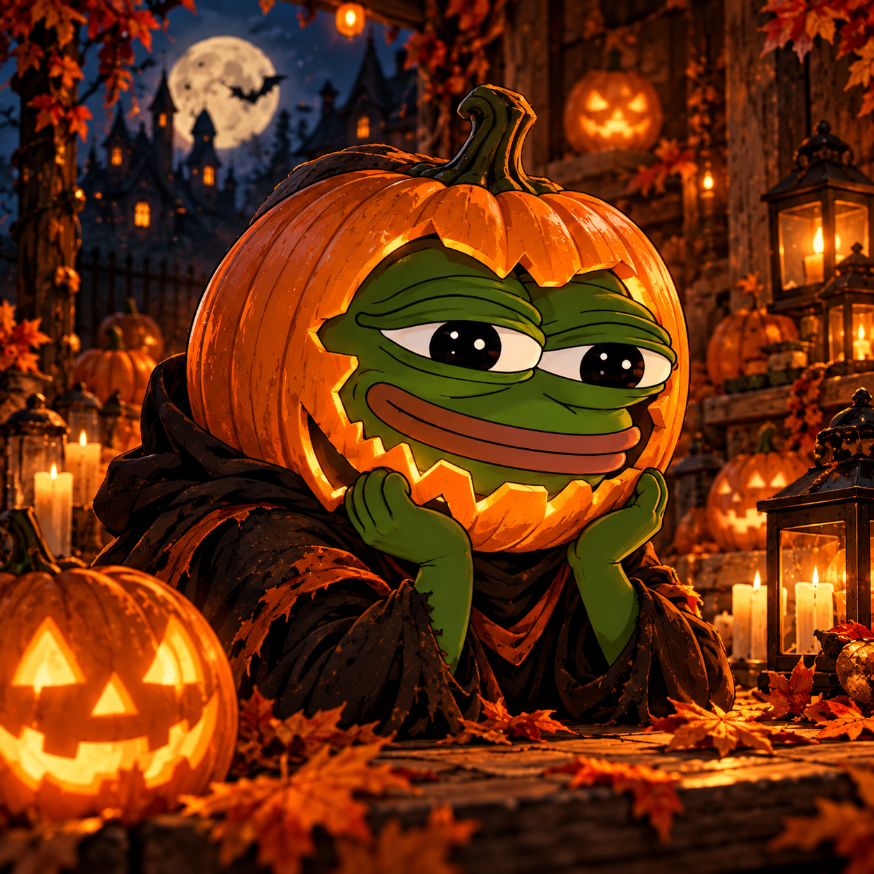 Green Pepe in a glowing pumpkin shell and dark cloak, surrounded by Halloween candles