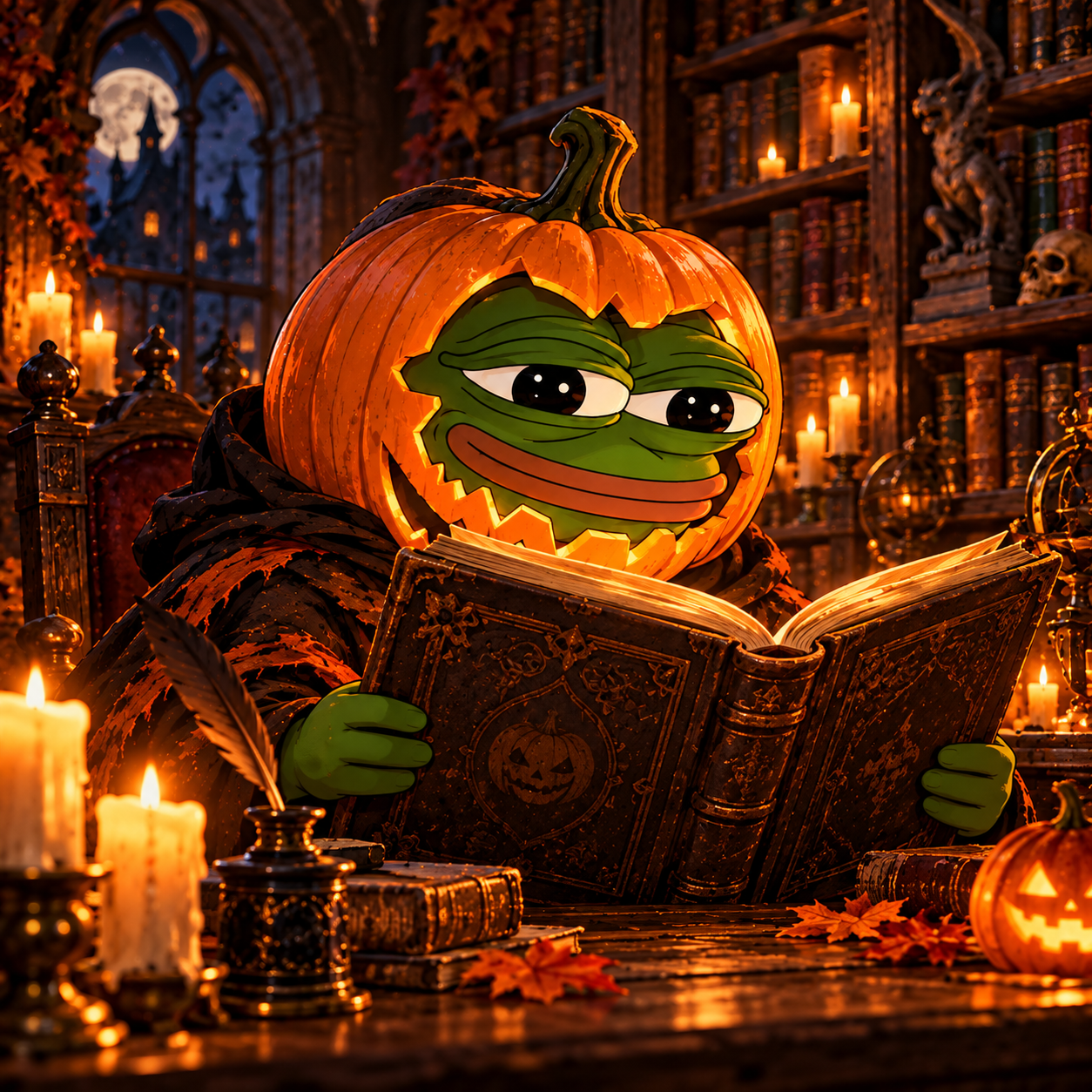 pepeween reading an old book in a candlelit Halloween library