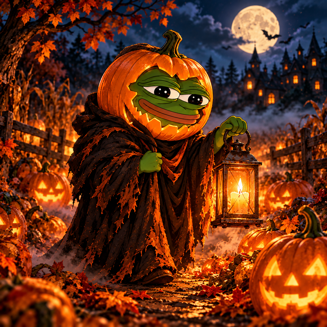 pepeween carrying a lantern through a moonlit pumpkin patch