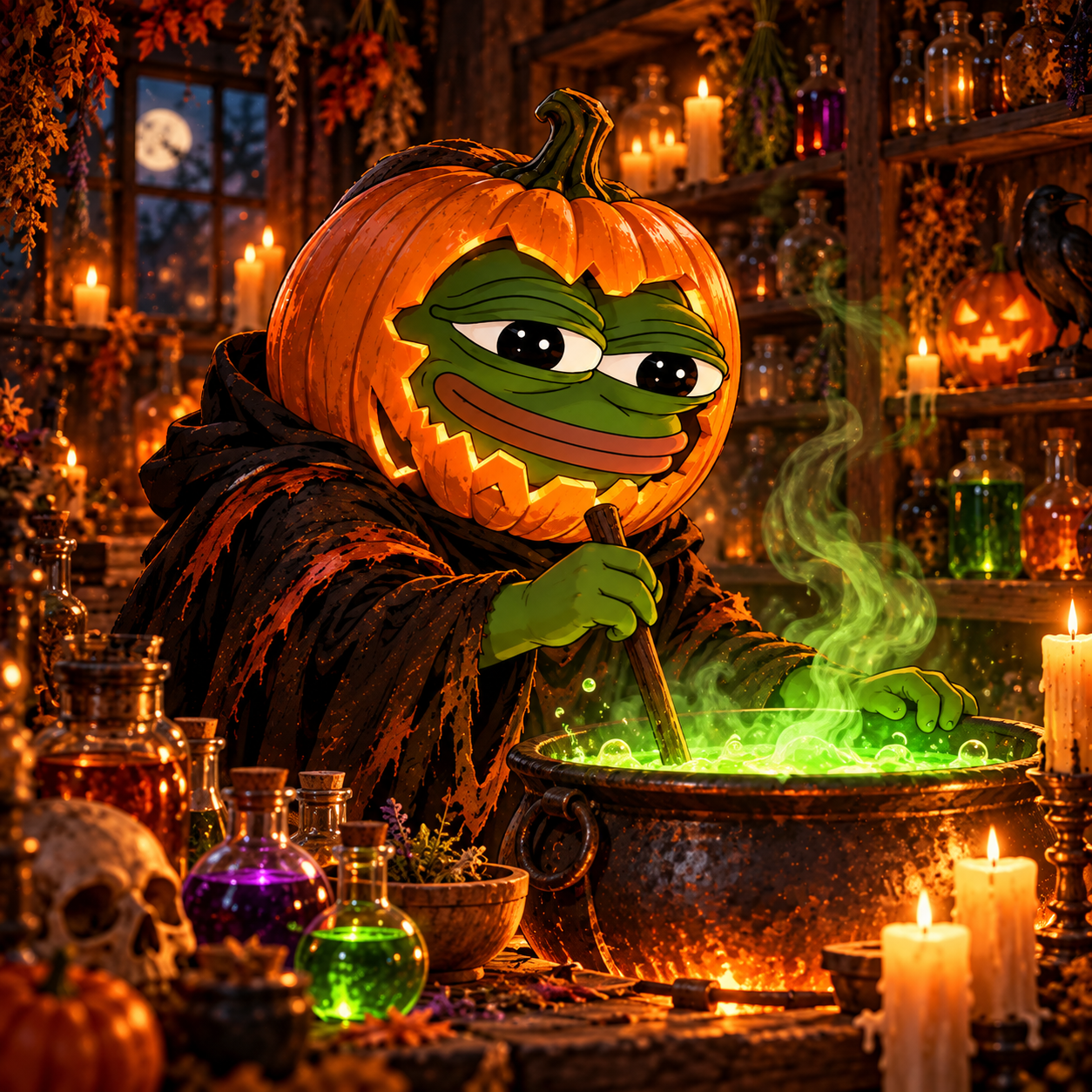 pepeween beside a glowing cauldron in an atmospheric potion workshop
