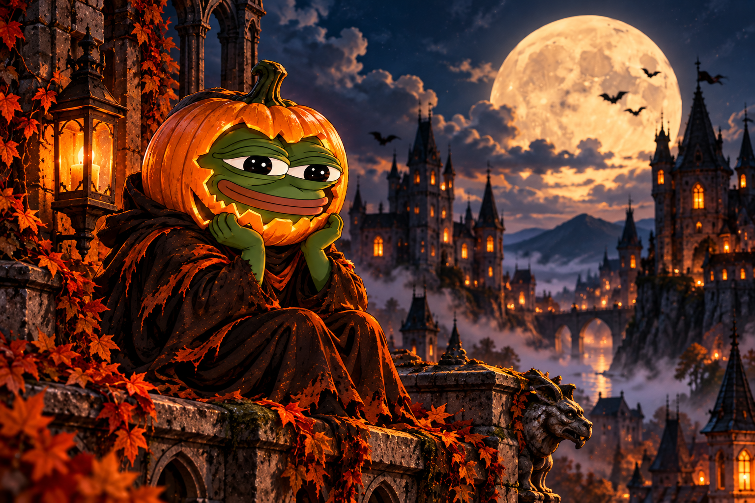 pepeween watching the full Halloween moon from a castle rooftop