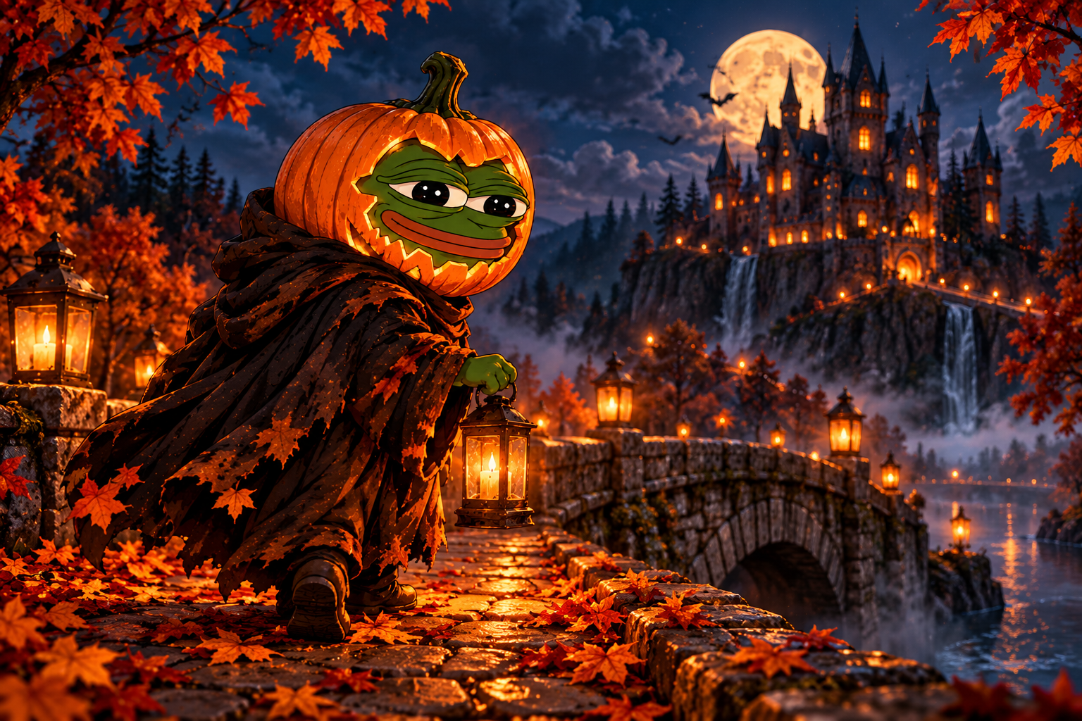 pepeween walking across an autumn bridge toward a haunted castle